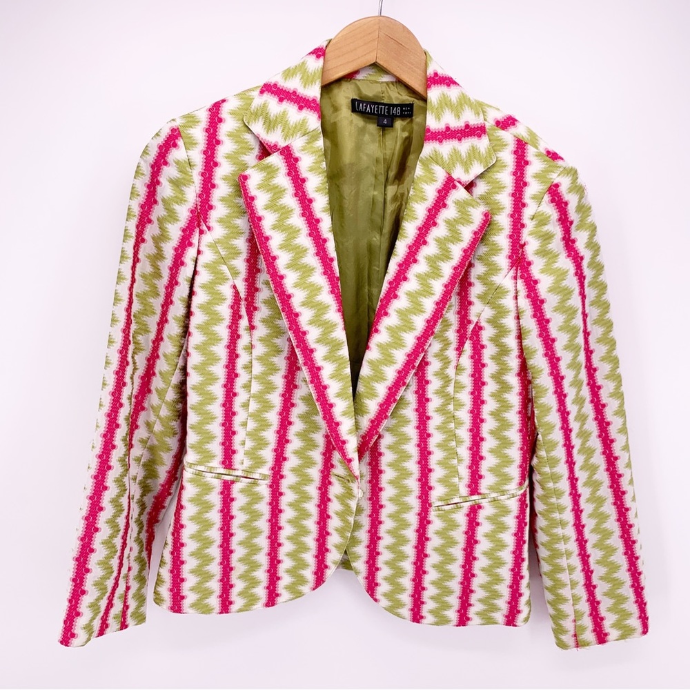 Lafayette 148 Women's 4 Green Pink Single Button Striped Blazer B10